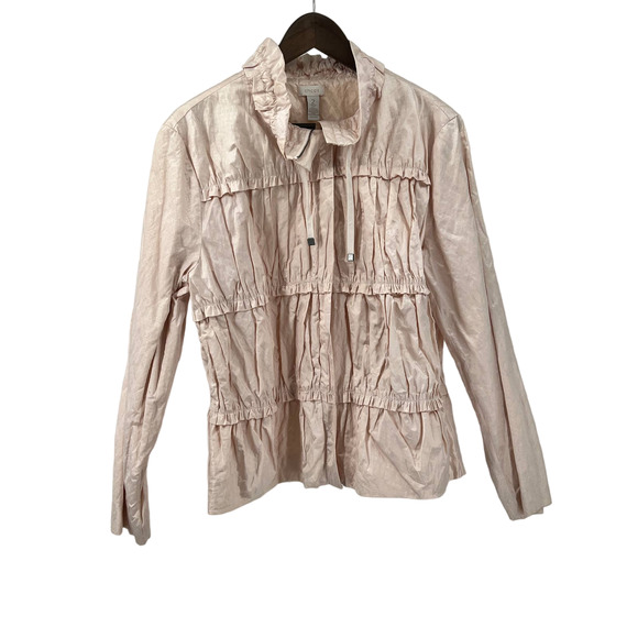 CHICOS Pale Pink Jacket Ruched Ruffle Full Zip Metallic Lined Size 8 (Chico's 2) - Picture 1 of 5